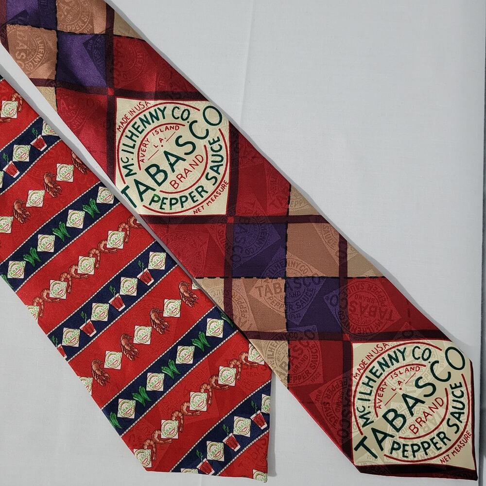Pair of Tabasco silk novelty print neck tie made in USA, red, multicolor, shrimp